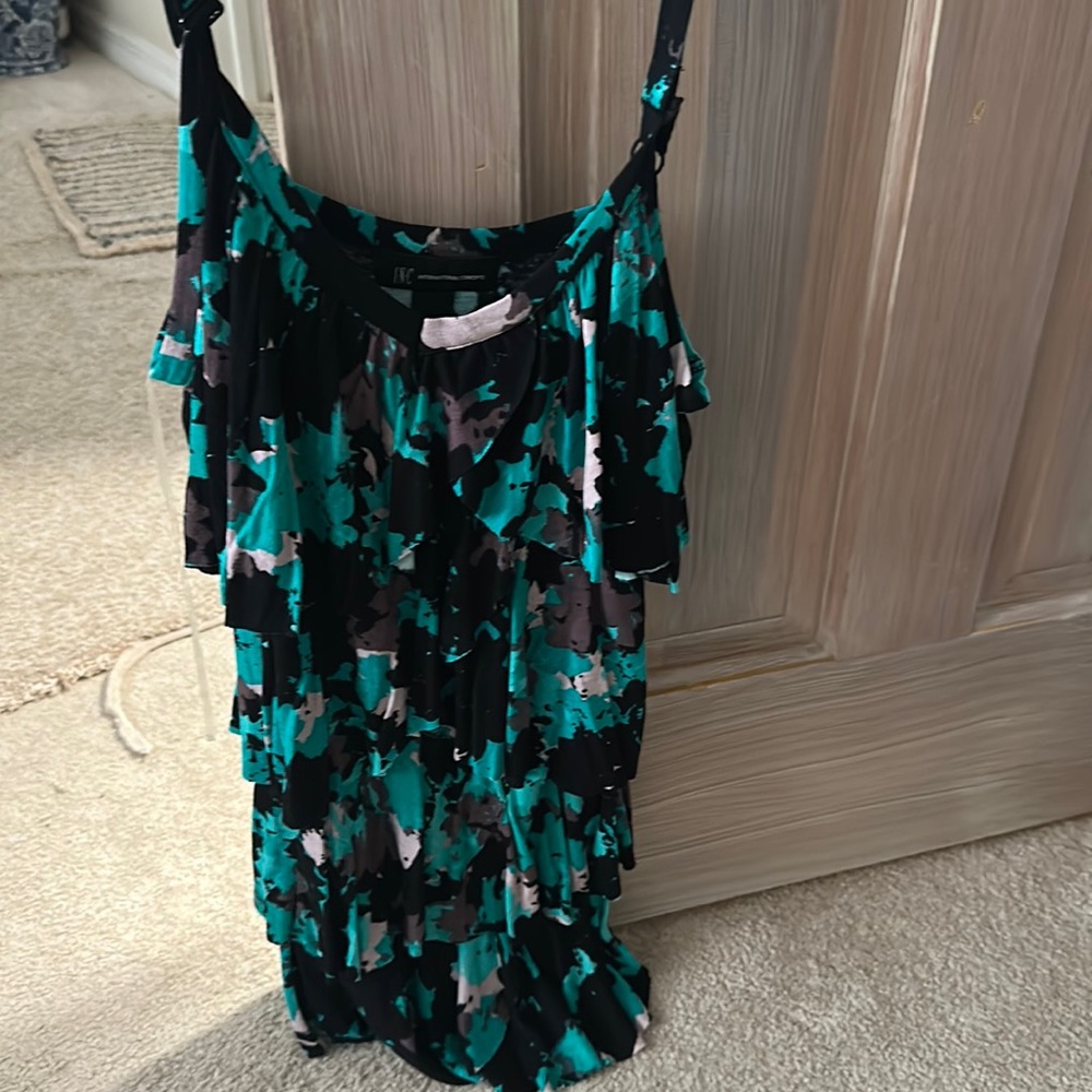 SMALL INC. ruffled teal and black dress top